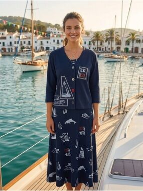 Navy Nautical Maxi Dress with Jacket - Classic Coastal Style